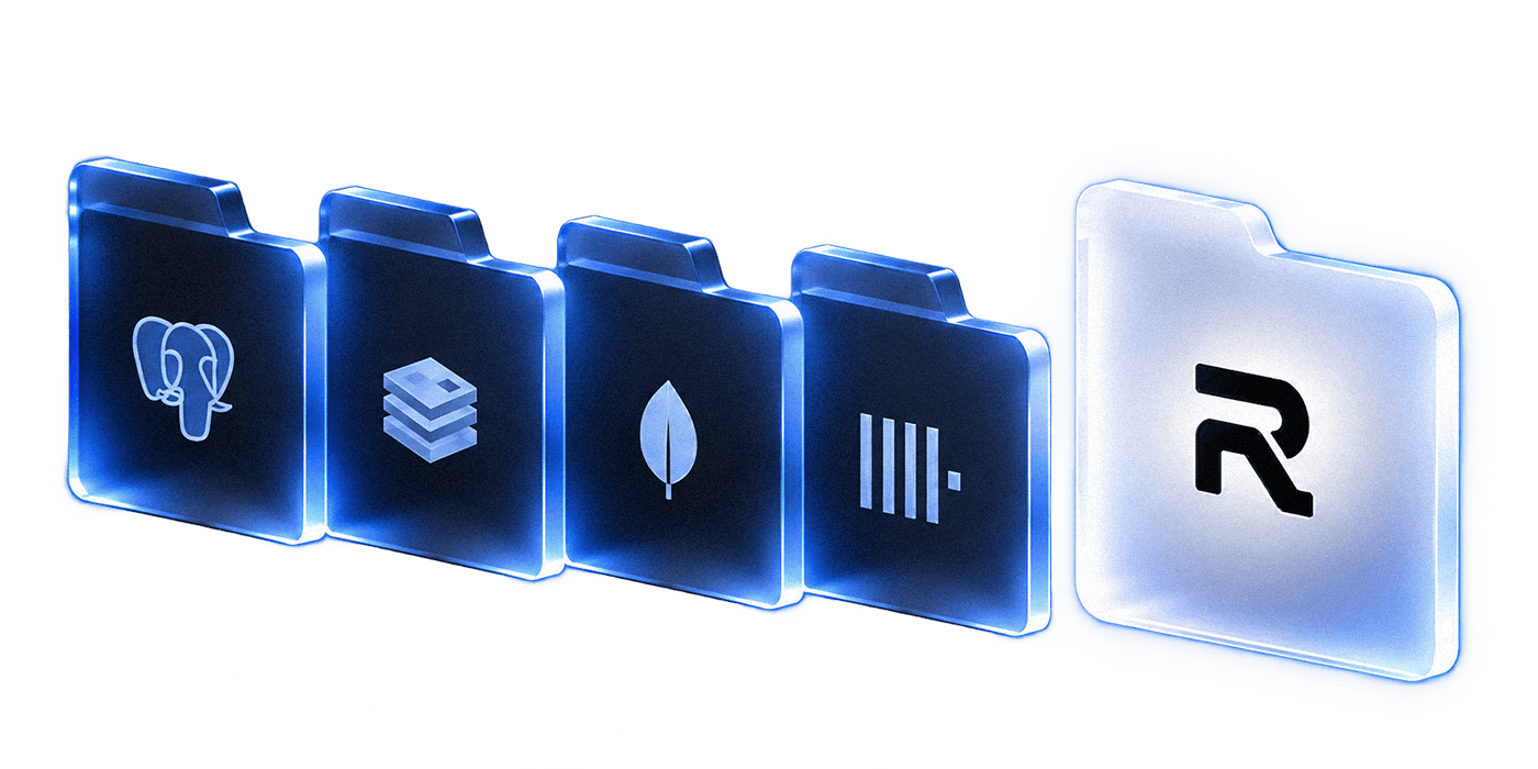 Carpetas de PostgreSQL, Redis, MongoDB y ClickHouse conectadas con la carpeta iluminada de Recern